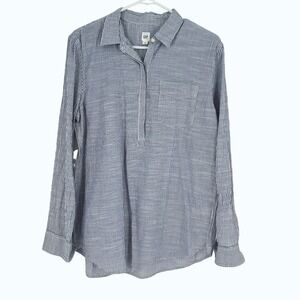 Gap Striped Button Front Pull-On Tunic Shirt SZ M Blue White Cotton Long Sleeve